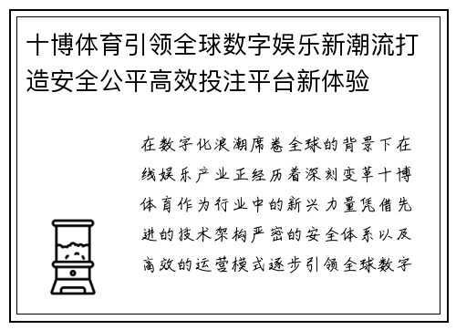 十博体育引领全球数字娱乐新潮流打造安全公平高效投注平台新体验